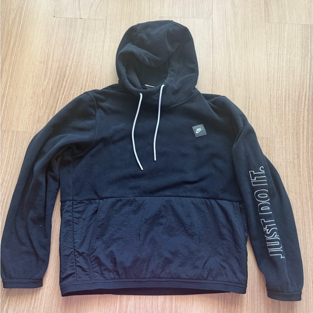 Nike Black Hoodie with White Drawstrings and Sleeve 'Just Do It.'size L men